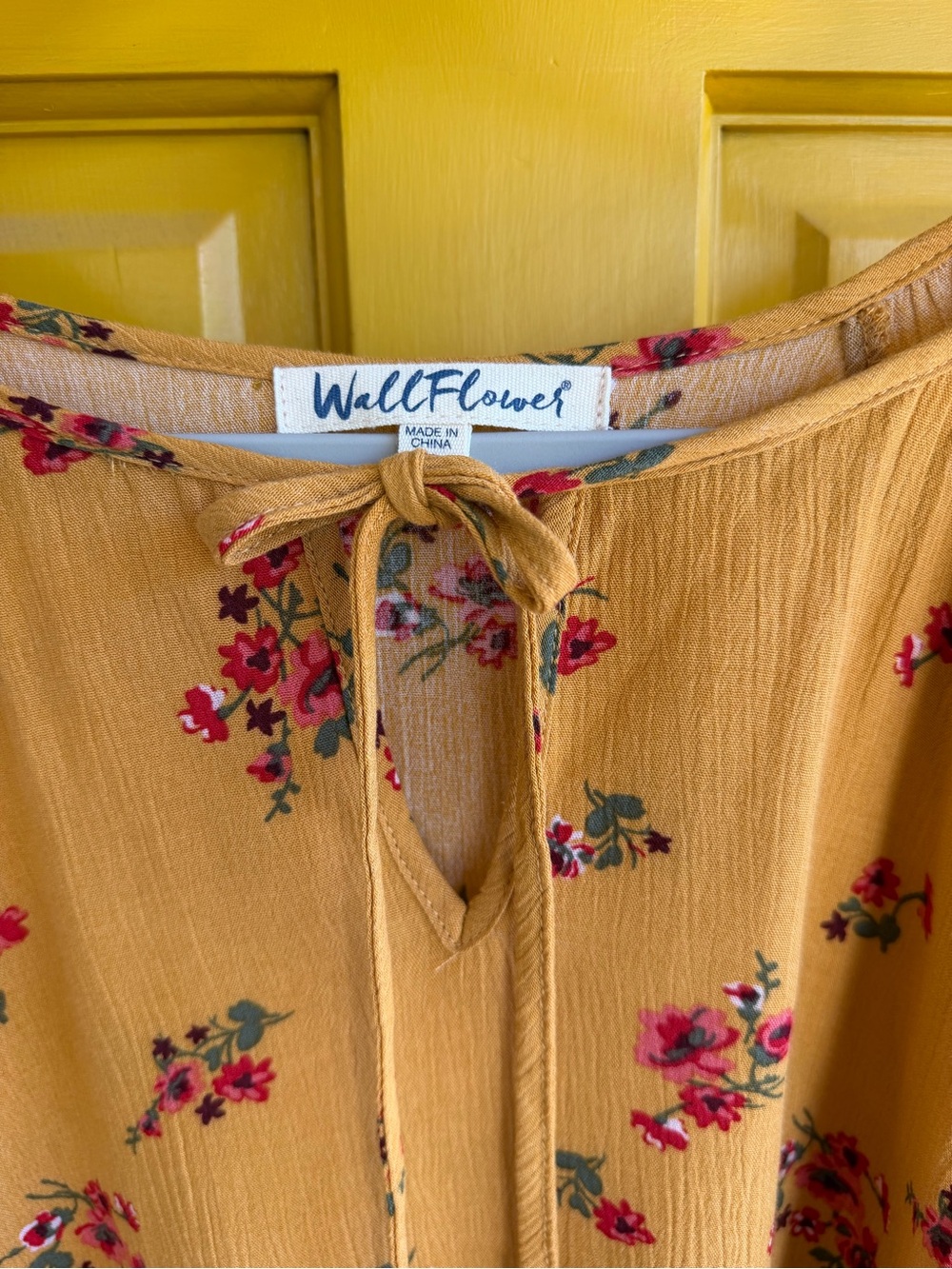 Wallflower Mustard Floral Tie-Front Peasant Blouse - Picture 2 of 11